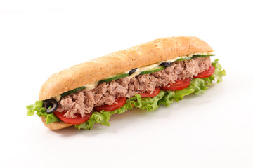 sandwich, baguette with tuna, tomato, lettuce and sauce