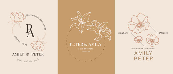 Wedding logo design vector. Floral line arts and monogram  design concept.  Design for wedding invitation, stationary, RSVP Card, Thank you card, fashion, beauty and jewellery industry and cosmetic.