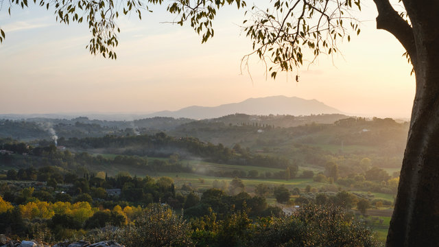 The panoramic view of Monte Soratte in Italy at sunset, Sabina