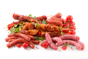 assorted of raw meats for barbecue isolated on white background