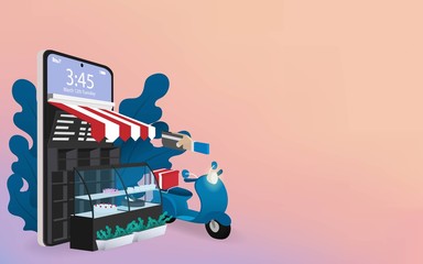 Front of bakery shop store on mobile phone.Shopping Online on Website or Mobile Application Vector Concept. Marketing. Digital marketing online store on mobile-phone.Fresh bakery online store.