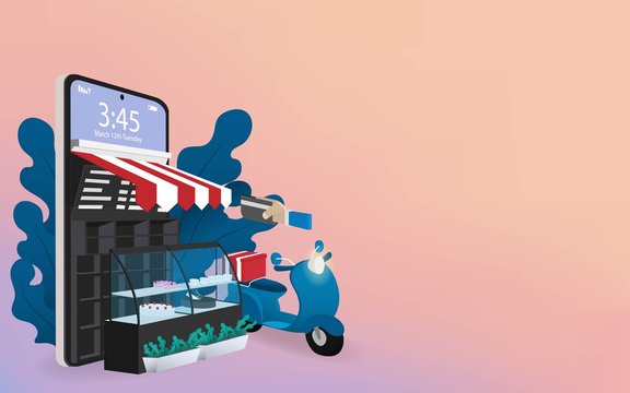 Front of bakery shop store on mobile phone.Shopping Online on Website or Mobile Application Vector Concept. Marketing. Digital marketing online store on mobile-phone.Fresh bakery online store.