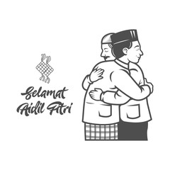 Selamat hari raya aIdil Fitri is another language of happy eid mubarak in Indonesian. Cartoon two muslim  people celebrating Eid al fitr with hug each other and apologize each other illustration.