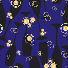 Abstract champagne bubbles vector seamless pattern background. Clusters of drops on drinks glasses silhouette indigo black gold backdrop. Elegant beverage all over print for party celebration concept