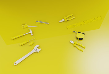 Many yellow hand tools on a yellow background, there is space for your ad in the center.