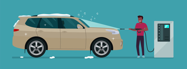 A afro man washes a car in a self-service car wash. Vector illustration.