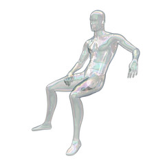 Transparent multi-colored glass human figure. Male transparent sedentary mannequin. Invisible body. 3D illustration isolated on a white background. Back views.