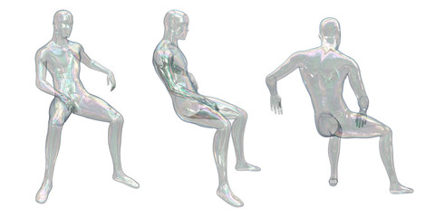 Male transparent sedentary mannequin. Invisible body. Transparent multi-colored glass human figure. 3D illustration isolated on a white background. Side, back, front views.