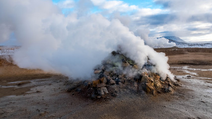 Water vapor coming out of the chimneys of Hverir in Iceland