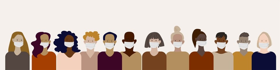 Set of various multinational human faces in protective medical masks. Vector illustration. All objects are grouped and isolated. The inscription 