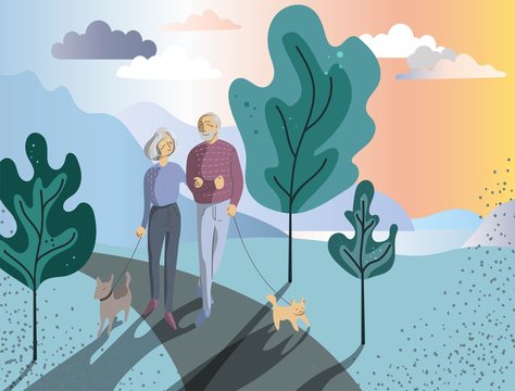 An elderly woman and a man walk in the park hand in hand. Married couple walking dogs under the trees on the lake. Vector illustration with a sunset