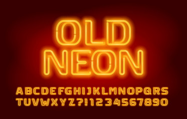 Obraz premium Stara czcionka alfabetu Neon. Świecące żółte neonowe litery i cyfry. Wektor krój pisma do projektowania.