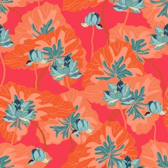 Red lotuses with large green leaves on a gentle light green, aquamarine, turquoise background. Vector seamless floral pattern. 