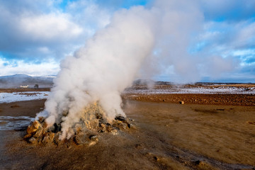 Water vapor coming out of the chimneys of Hverir in Iceland