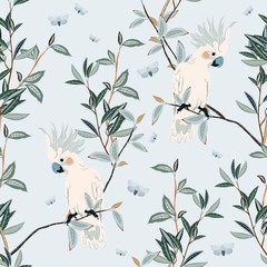 Seamless vector pattern with white parrots sitting on green branches on a gentle light blue background. Square template with exotic birds and leaves for fabric and wallpaper