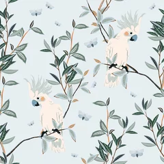 Afwasbaar Fotobehang Papegaai Naadloos vectorpatroon met witte papegaaien die op groene takken op een zachte lichtblauwe achtergrond zitten. Vierkante sjabloon met exotische vogels en bladeren voor stof en behang