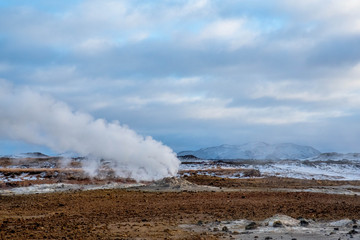 Water vapor coming out of the chimneys of Hverir in Iceland
