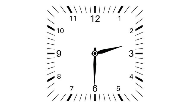 Square clock loop motion from noon to midnight. White clock face on white background. Animated 4k video