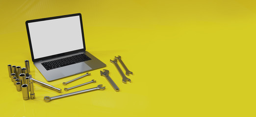 Many hand tools on a yellow background with a white screen laptop, there is space for your ad.