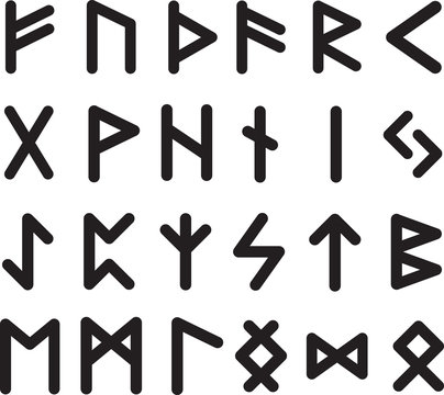 Collection of 24 scandinavic runes black inside.  Silhouette futhark icon set. Elder viking hieroglyphics. Vector illustration