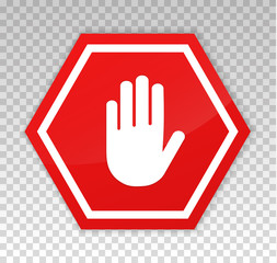 Stop red sign. Hand icon. Warning octagon symbol. Octagonal signal stop restricted sign. Halt icon silhouette hand red color isolated on background. Prohibited activities. Roadsign with. Restriction