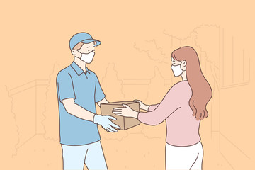 Quarantine, covid19, coronavirus, infection concept. Cartoon characters in medical face masks man or boy supplier gives mail box package to woman. Home food delivery on 2019 ncov lockdown illustration