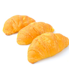 Closeup France croissant bread isolated on white background, top view of healthy bakery with copy space