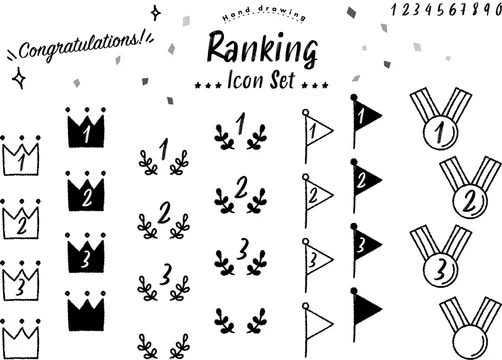 ランキング アイコン セット ベクター 順位 ランク 王冠 クラウン 月桂樹 旗 フラッグ メダル 手書き 手描き デザイン チョーク クレヨン グラフィック フレーム ロゴ マーク 冠 順番 数字 装飾 パーツ かわいい おしゃれ カフェ スタイリッシュ 賞 優勝 1位 2位 3位