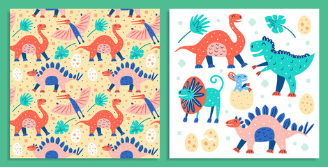 Set of little dinosaurs. Postcard. T-rex diplodocus stegosaurus dino egg newborn dino. Prehistoric jurassic animals. Flat colourful vector illustration, art isolated on background. Seamless pattern.