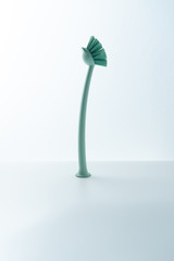 A green brush is placed on a white background. Kitchen dishwashing brush on white background.