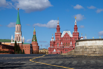 Covid-19, quarantine in Moscow, coronavirus in Russia. Empty Red Square without people.