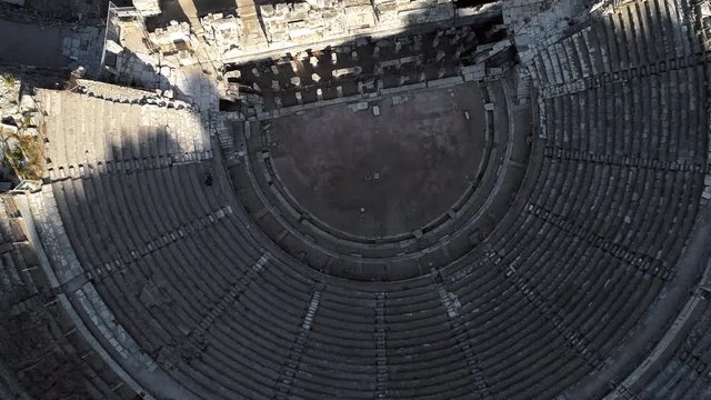 Drone flying over the Grand Theater of Ephesus, the Ancient Greek city in Izmir, Turkey.