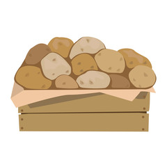 Potatoes in a wooden box. Vector illustration. Isolated on a white background.