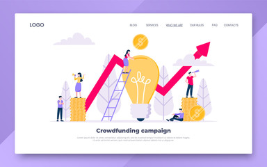 Crowdfunding composition concept of fundraising. Coins money currency, light bulb and red arrow with tiny people landing page template flat style design vector illustration isolated white background.