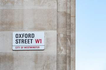 LONDON: Oxford Street sign- a landmark shopping street in London's West End