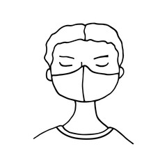 Little boy wearing face mask. Hand drawn vector doodle child in medical mask. Coronavirus protection, covid-19 disease prevention concept. Protective masks respirators for healthcare
