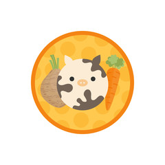 Beef vegetable soup vector illustration icon. Root vegetable and meat broth, stock with dumplings cute round label. Isolated.