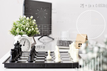  Financial Business Strategy. Chess board. Business concept. Business Strategy. Work table with chess board games.