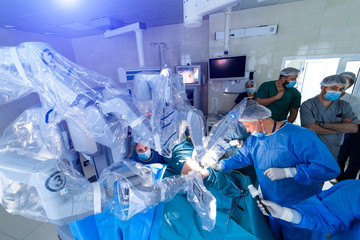 Modern surgical system. Medical robot. Minimally invasive robotic surgery. Da Vinci Surgery.