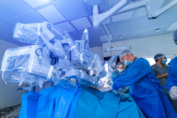 Modern surgical system. Medical robot. Minimally invasive robotic surgery. Medical background