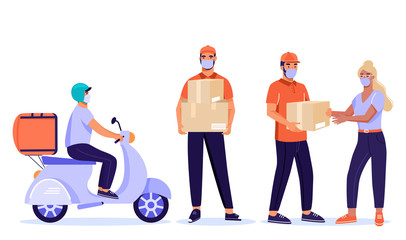 Set of safe online delivery service illustration. Man courier with parcel riding on scooter and client. Online order during quarantine. Vector illustration on white background.