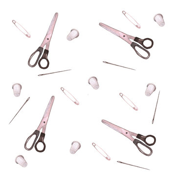 Seamless Finished Pattern Consisting Of Scissors, Needles, Pins And Metal Finger Thimbles.