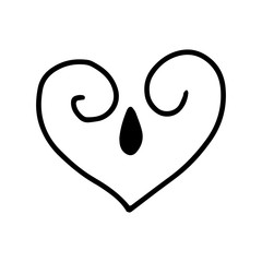 Heart with a curl and a drop drawn in the style of Doodle.Outline drawing with a line.Black and white image.Monochrome.A symbol of love.February 14.Vector illustration.