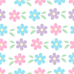 Vector seamless pattern of blue pink and violet simple flowers with green leaves isolated on white. Spring romantic floral texture. For easter, mothers, womens, Wedding day card, texture and fabric