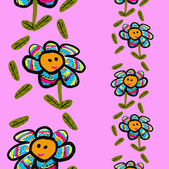 seamless pattern of chamomile flowers side border blue red blue with a smile and leaves for website design fabrics Wallpaper magazines postcards books