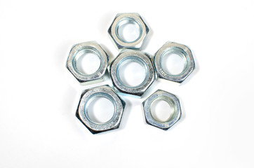 Set Of Metal Hexagon Nuts Isolated On White Background.