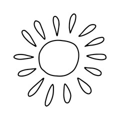 The sun is drawn in the Doodle style.Outline drawing by hand.Black and white image.Monochrome.Warmth and travel, recreation.Vector illustration.