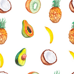 Seamless watercolor pattern of tropical leaves, flowers, fruits and birds. Hand painted pattern. Tropical summertime texture can be used as background, wrapping paper, textile or wallpaper.