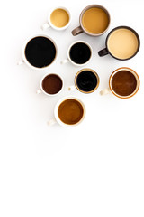 Obraz na płótnie Canvas Flay lay with cups - coffee break - on white background top view copy space
