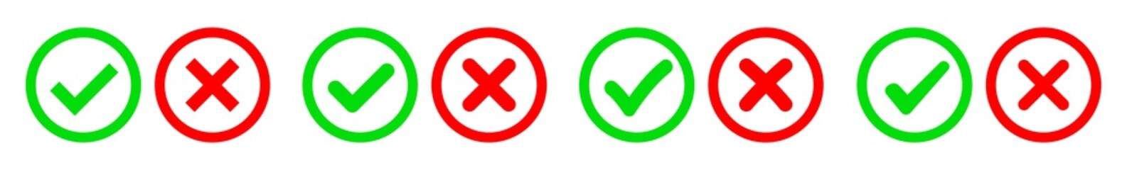 Obraz premium Check Mark Cross Circle Icon Green Red | Checkmark Checklist Illustration | Tick X Symbol | Voting Logo | Positive Negative Sign | Isolated | Variations